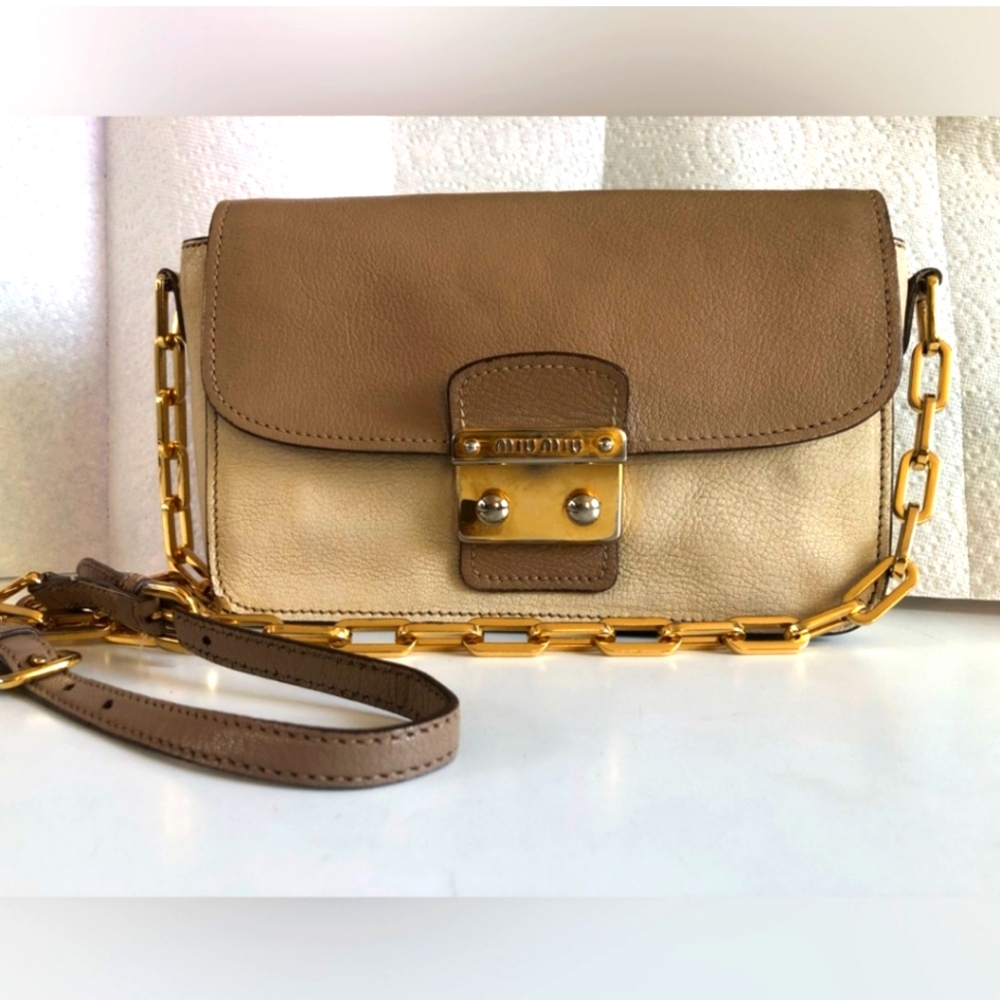 AUTHENTIC Miu Miu Crossbody Bag Beige Tan Leather gold hardware purse